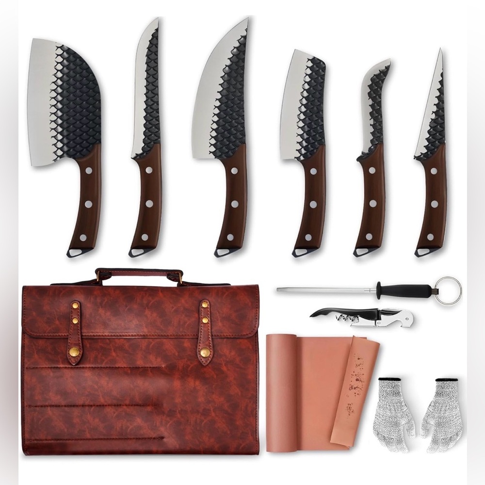 High Alloy Steel Butcher Knife Set with Cleaver, Boning Knife & Bag